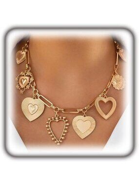 Women's Charm Gold Chunky Gold Heart Necklace Puffy Heart Statement Chain